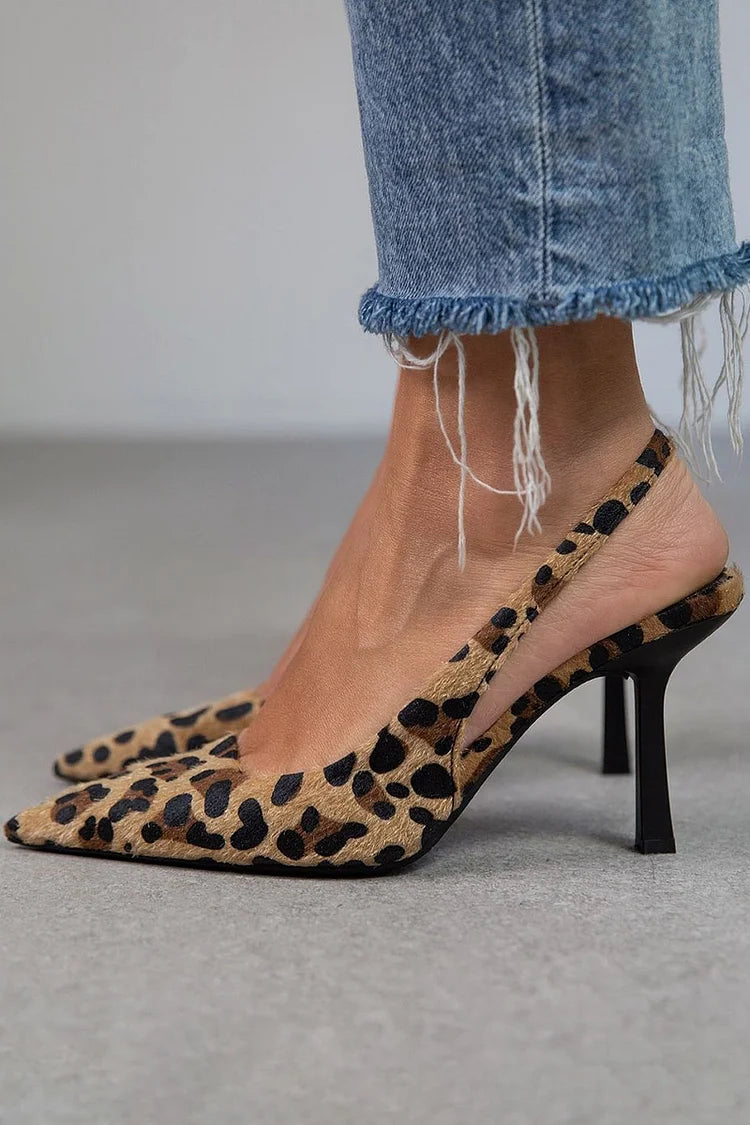 Pomeline | Pointed Toe Leopard Print Slingback Khaki Stiletto Heels