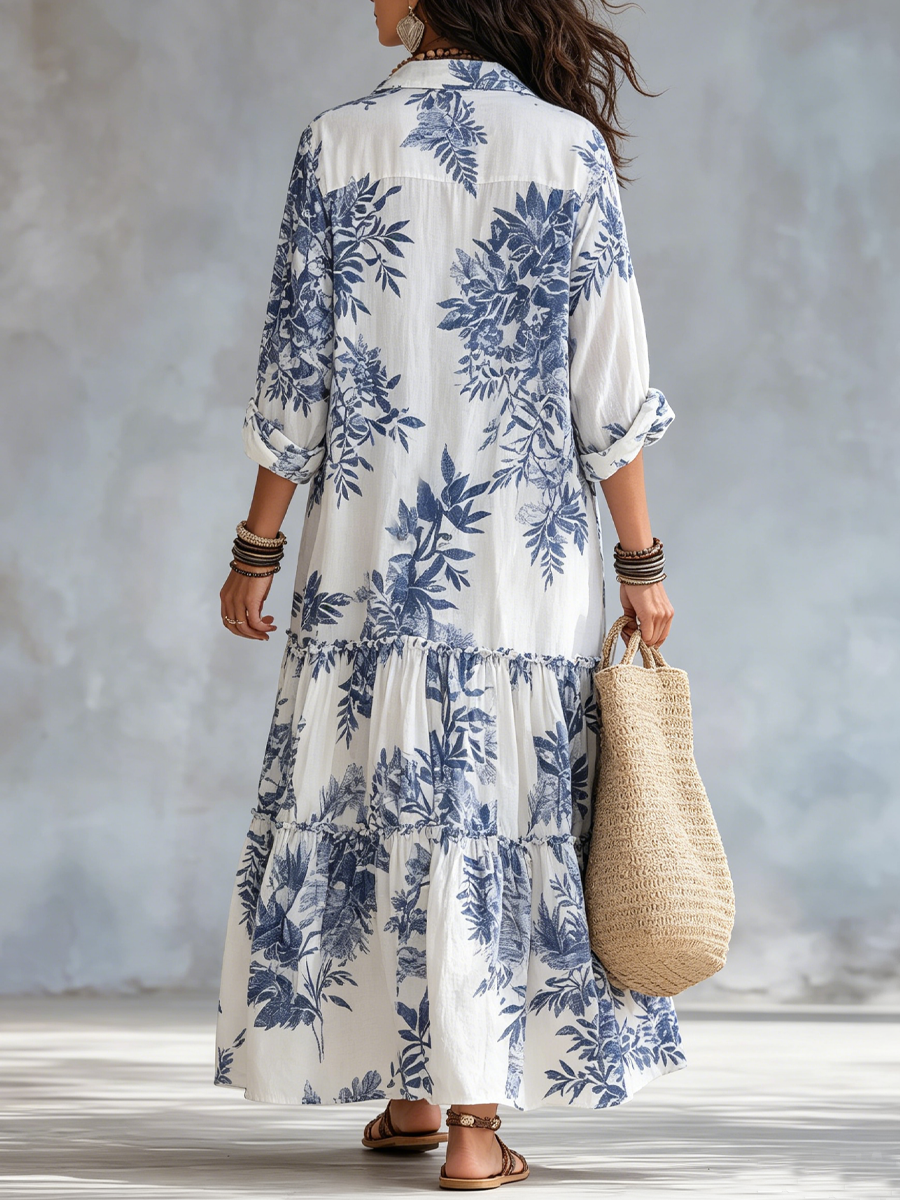 Dahlia™ | Bohemian Blue Floral Tiered Maxi Dress with Button-Down Detail