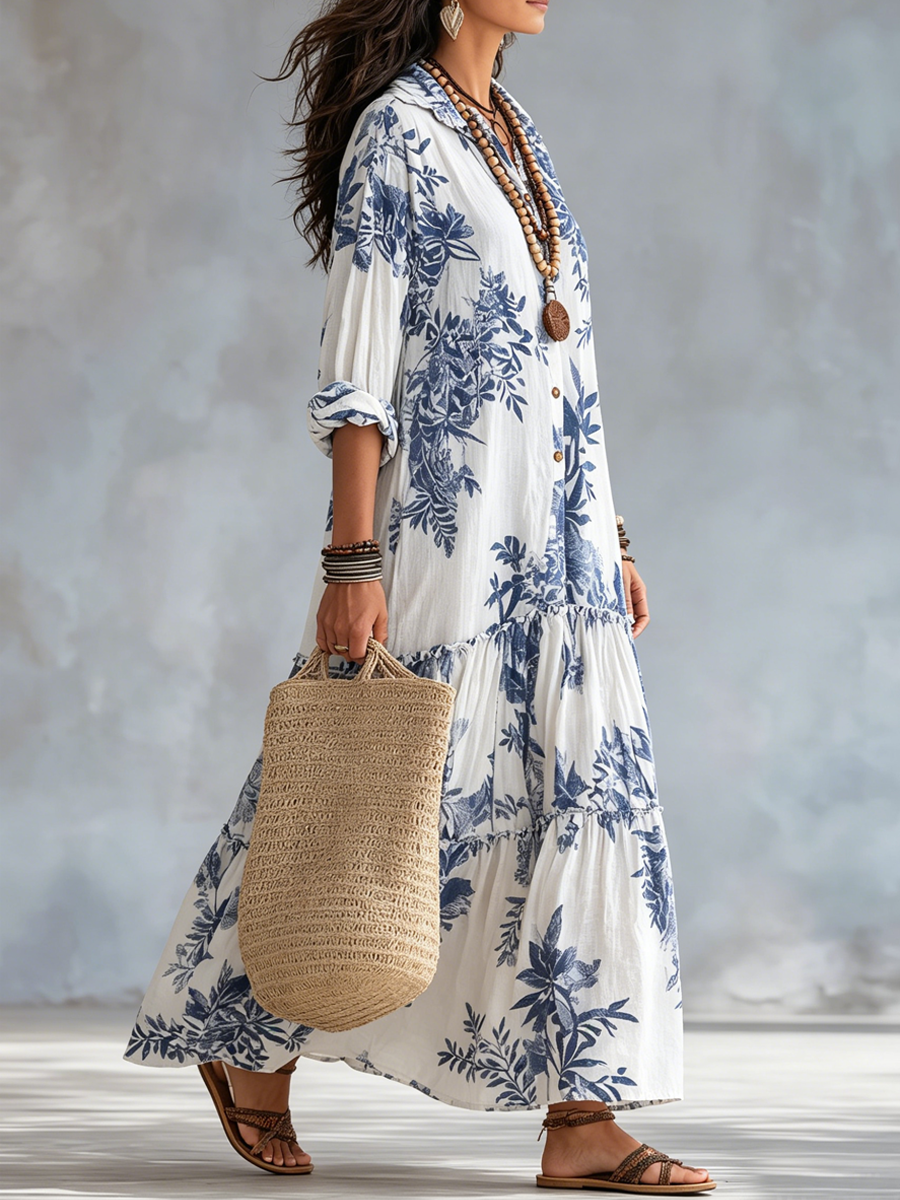 Dahlia™ | Bohemian Blue Floral Tiered Maxi Dress with Button-Down Detail