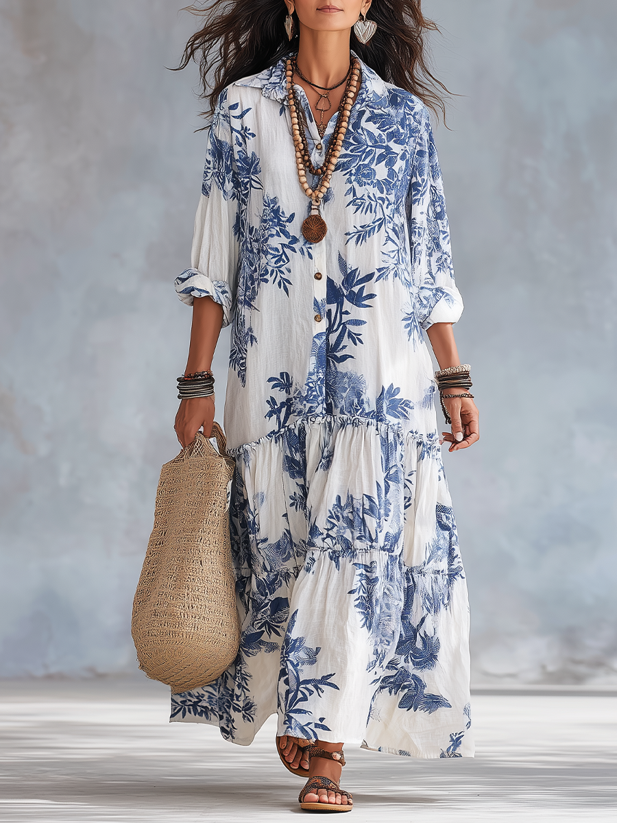Dahlia™ | Bohemian Blue Floral Tiered Maxi Dress with Button-Down Detail