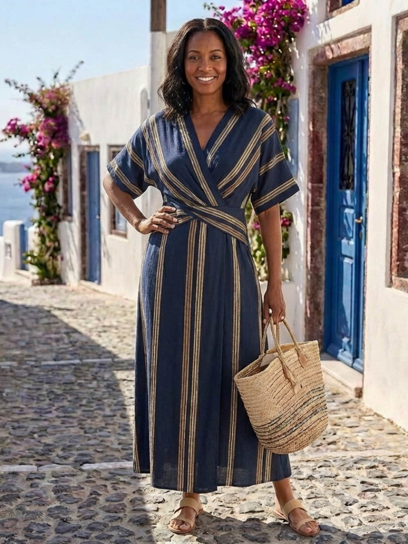 Madison | V Neck Short Sleeve Striped Wrap Midi Dress