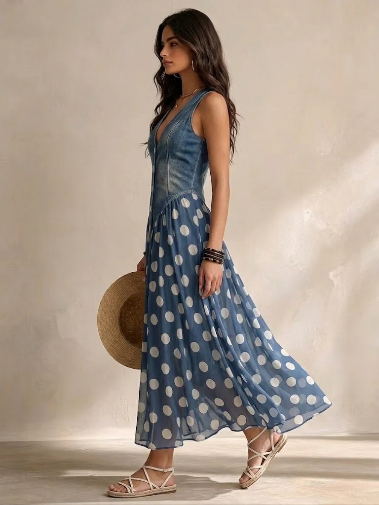 Jasmin - Denim Dress With Polka Dot Chiffon Skirt
