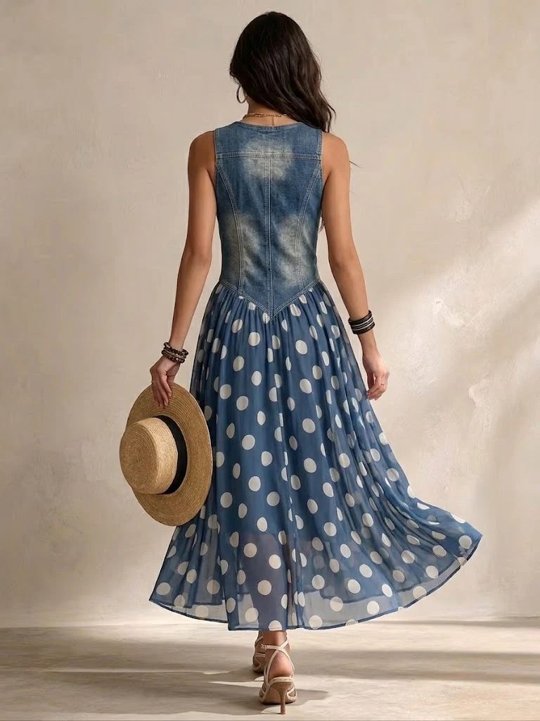 Jasmin - Denim Dress With Polka Dot Chiffon Skirt