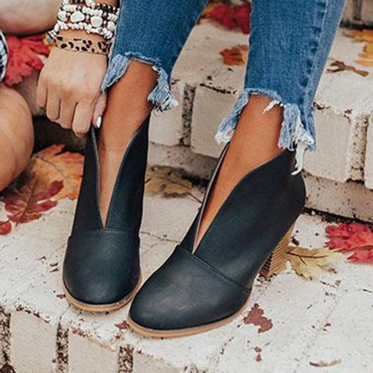 Sheba | Ankle Boots - Almond Toe - Chunky Stacked Heel - Slip-on Casual Wear
