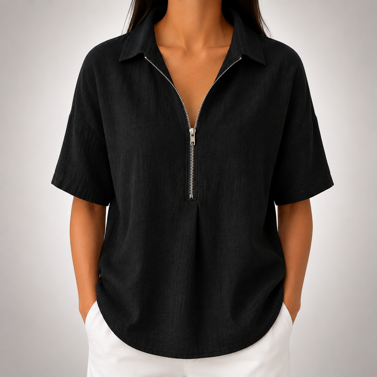 Elara Half-Zip Collared Blouse