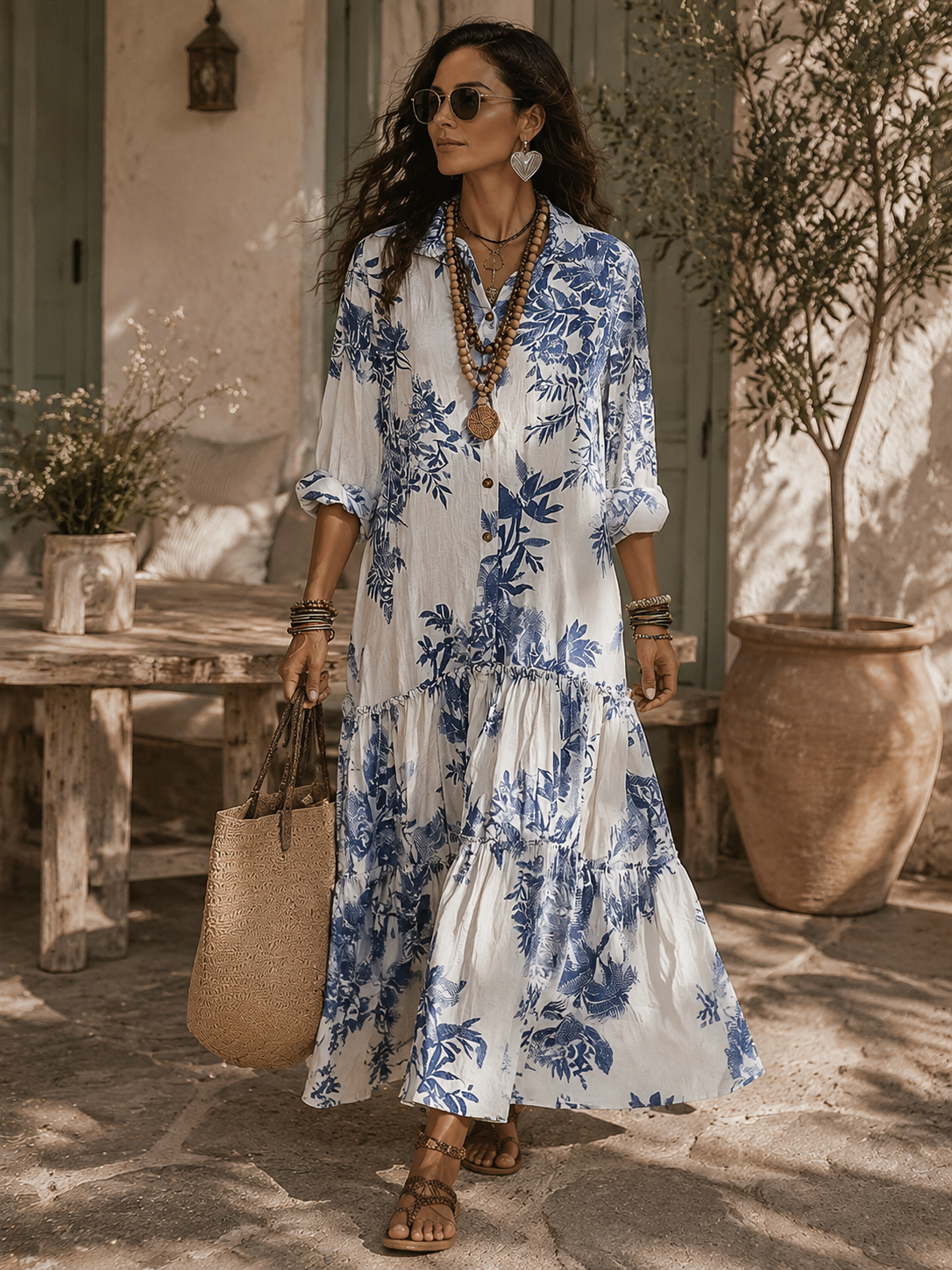 Dahlia™ | Bohemian Blue Floral Tiered Maxi Dress with Button-Down Detail