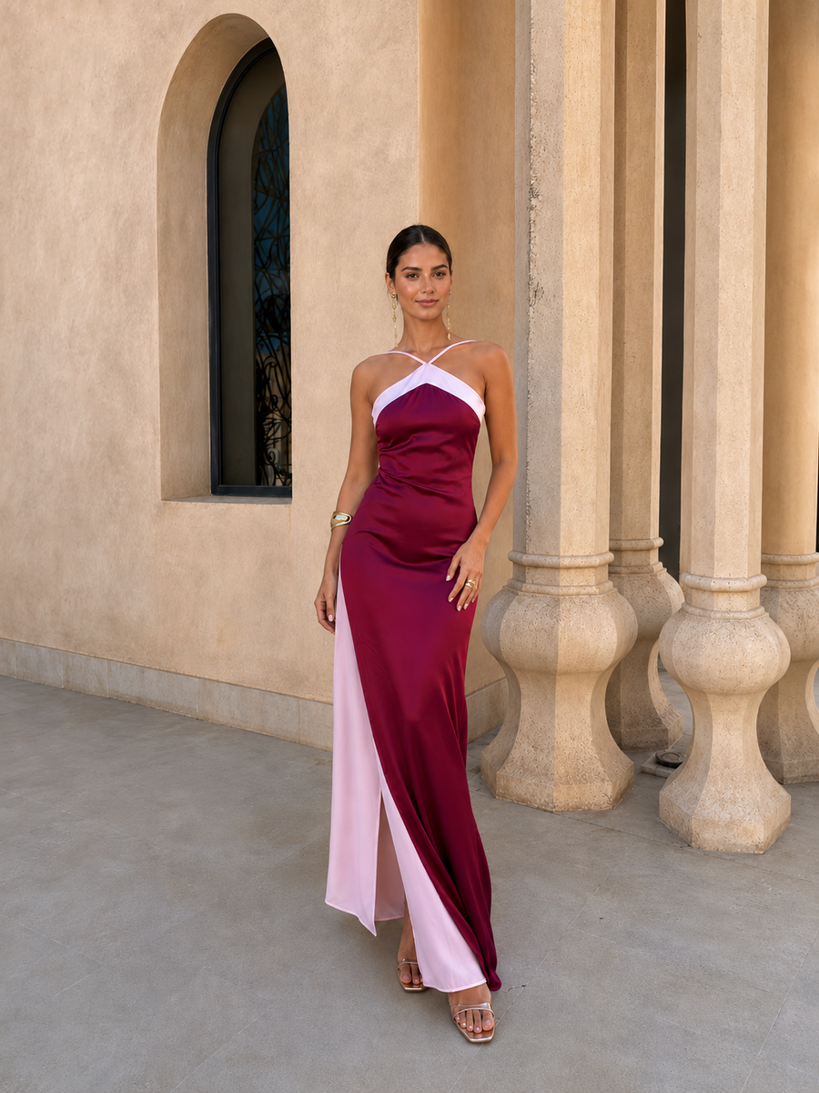 Satin long dress with crossover neckline
