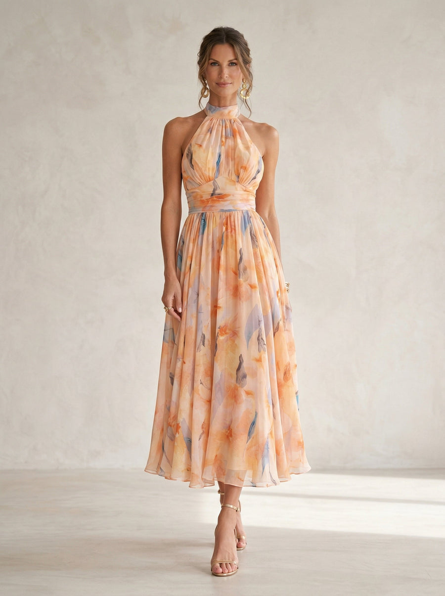 Halter Neck Dress with Watercolor Print