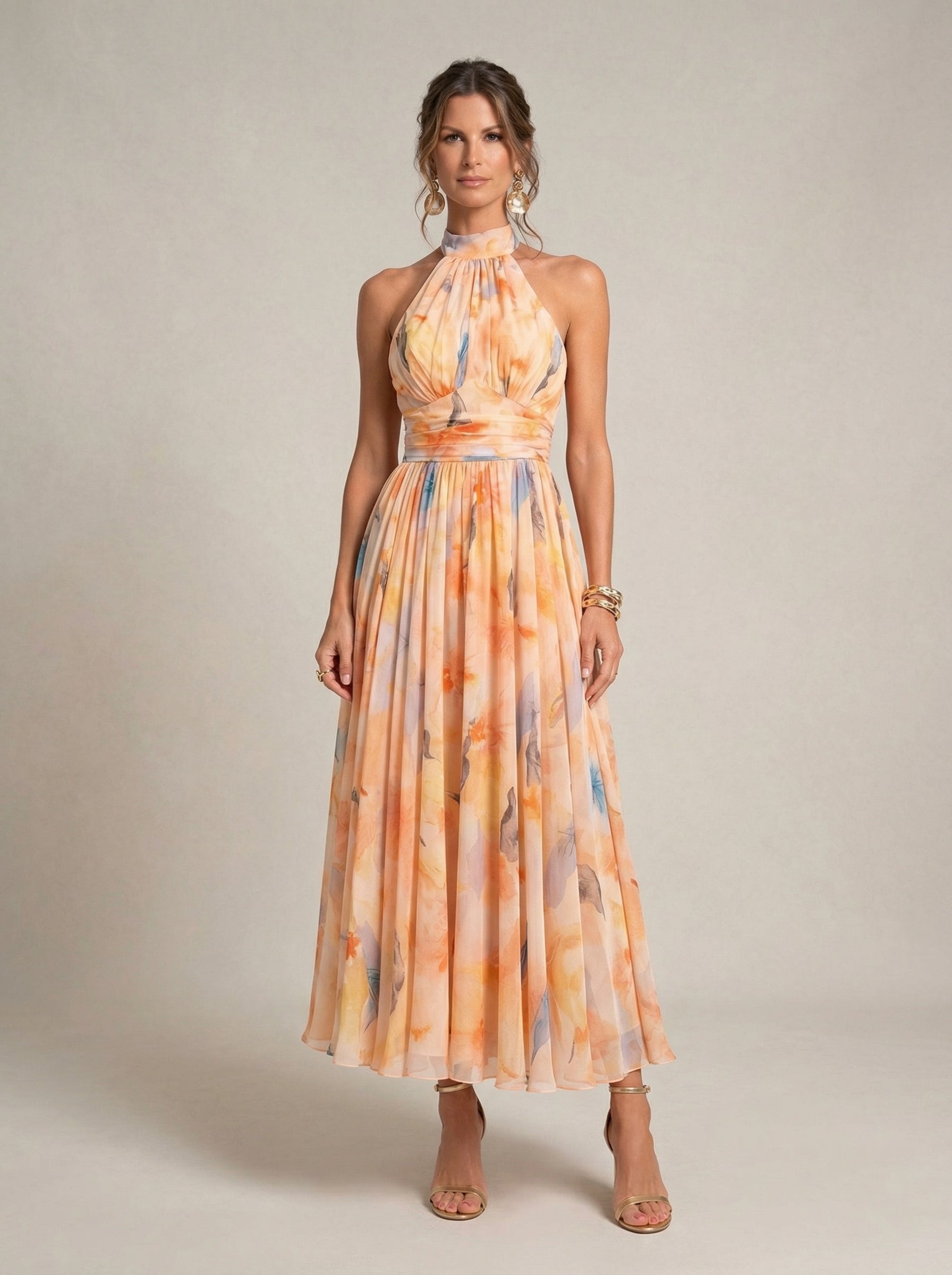 Halter Neck Dress with Watercolor Print