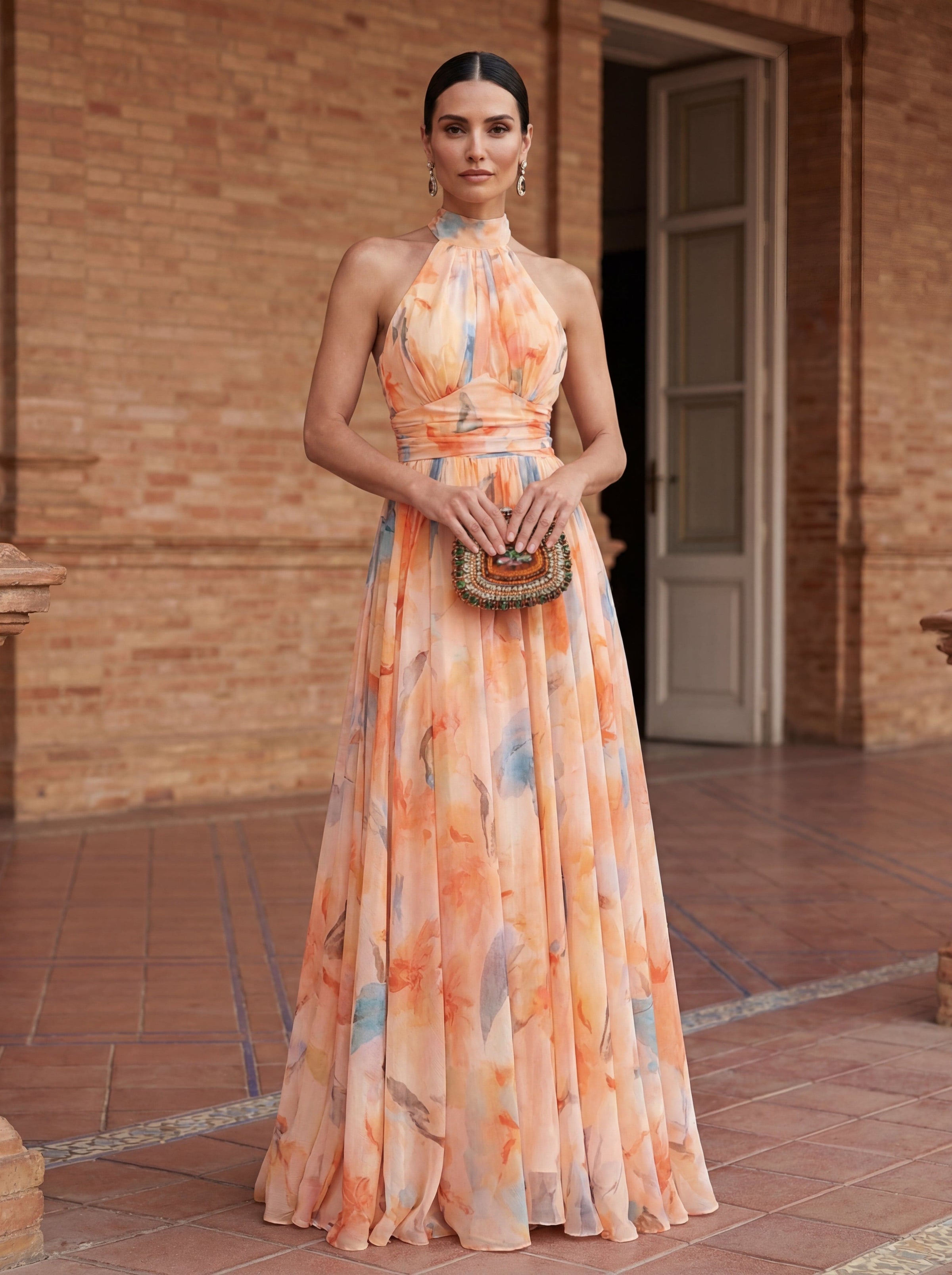 Halter Neck Dress with Watercolor Print