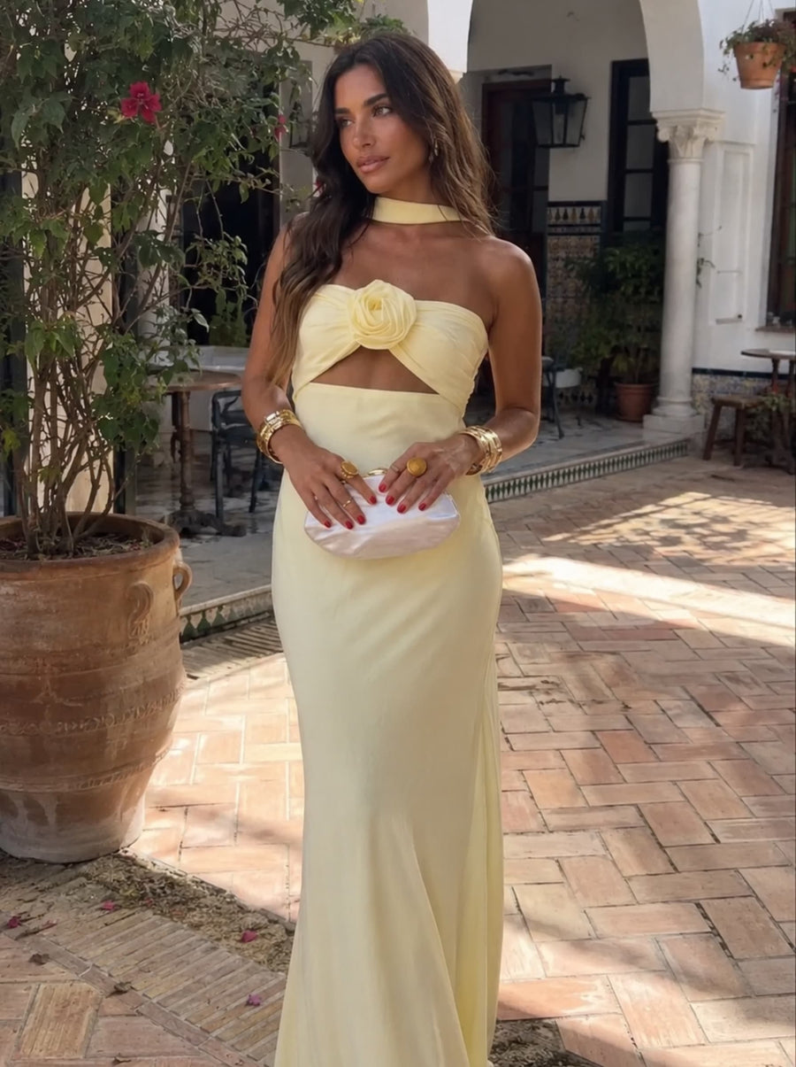 Maxi Halter Dress with Rose Corsage