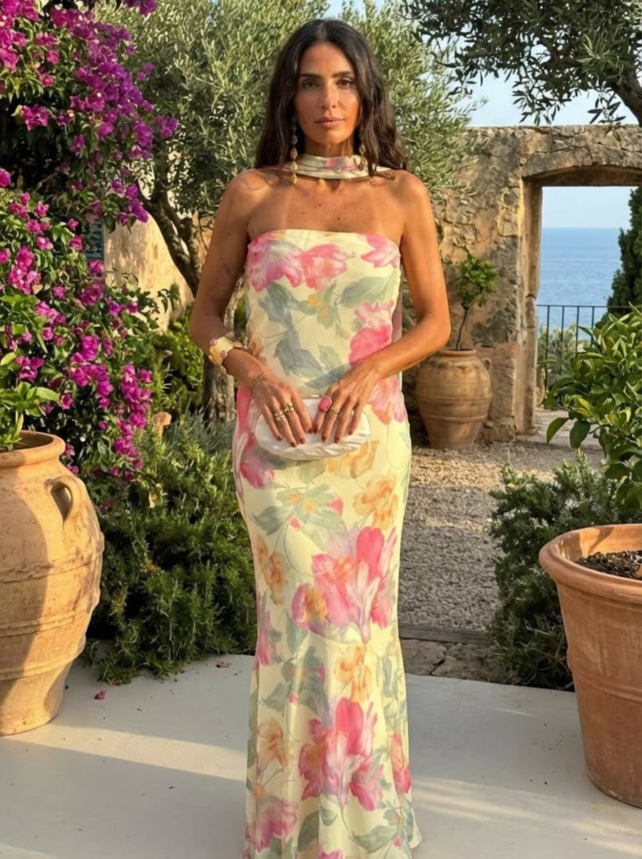 Strapless Floral Watercolor Long Dress
