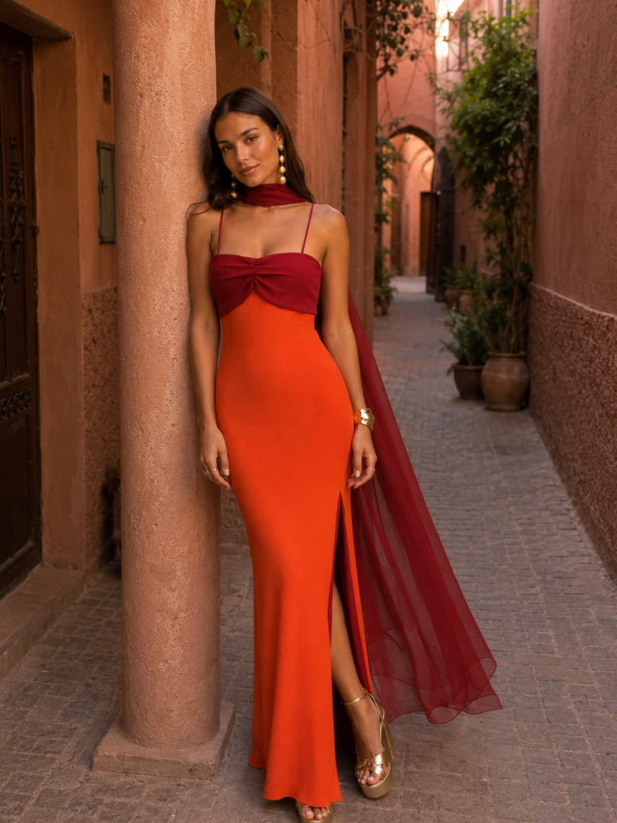 Two-tone draped long dress
