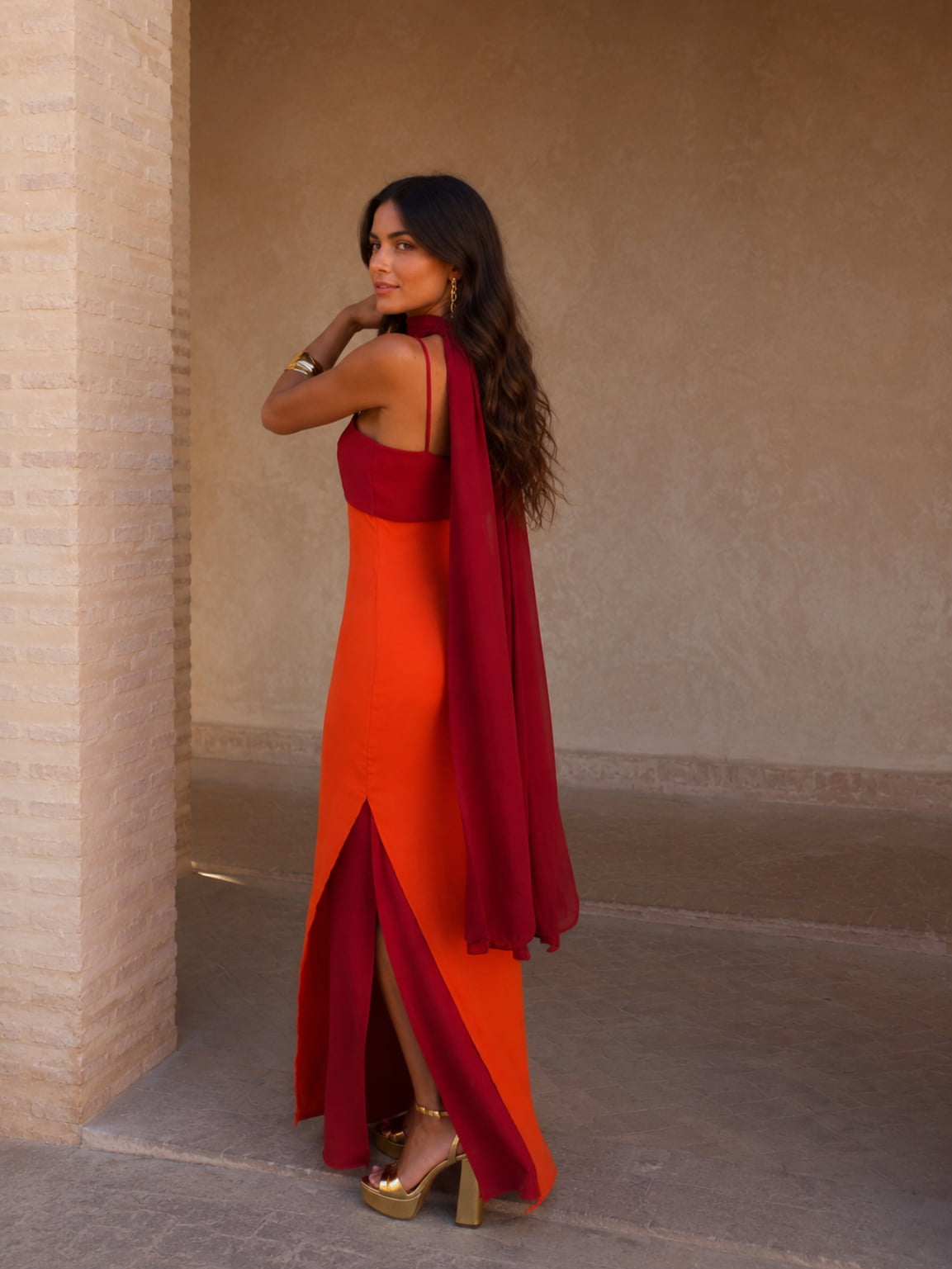 Two-tone draped long dress