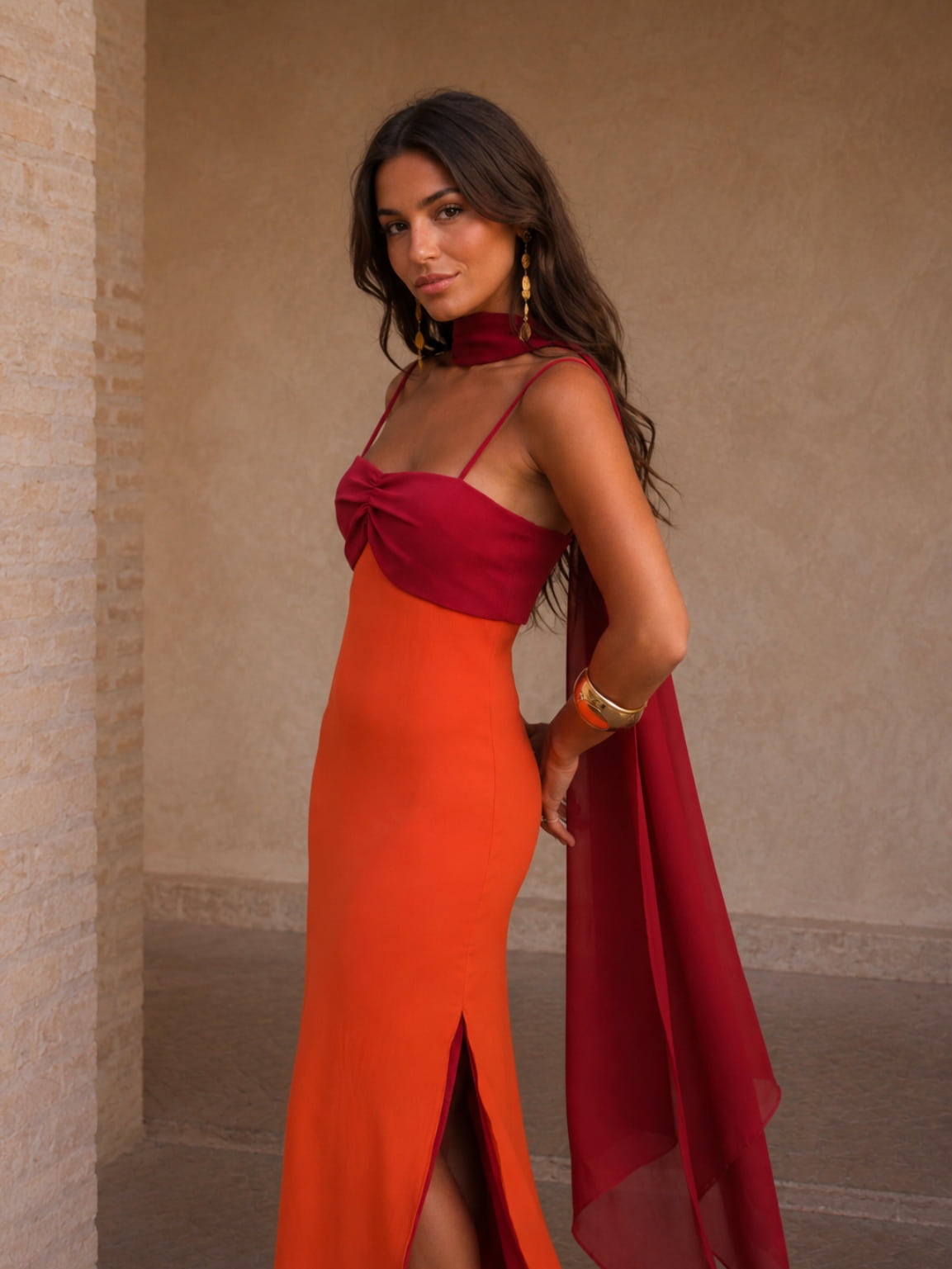 Two-tone draped long dress