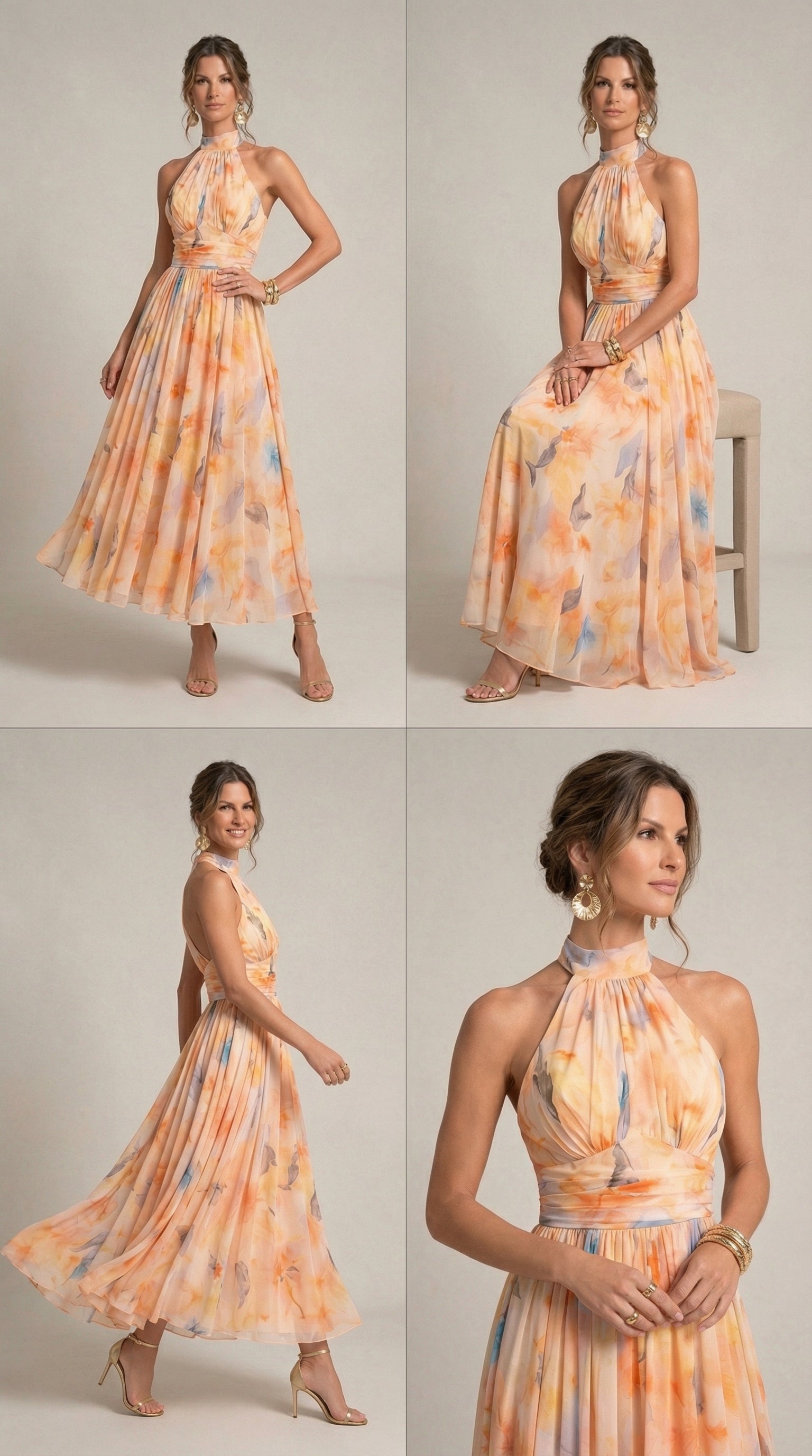 Halter Neck Dress with Watercolor Print