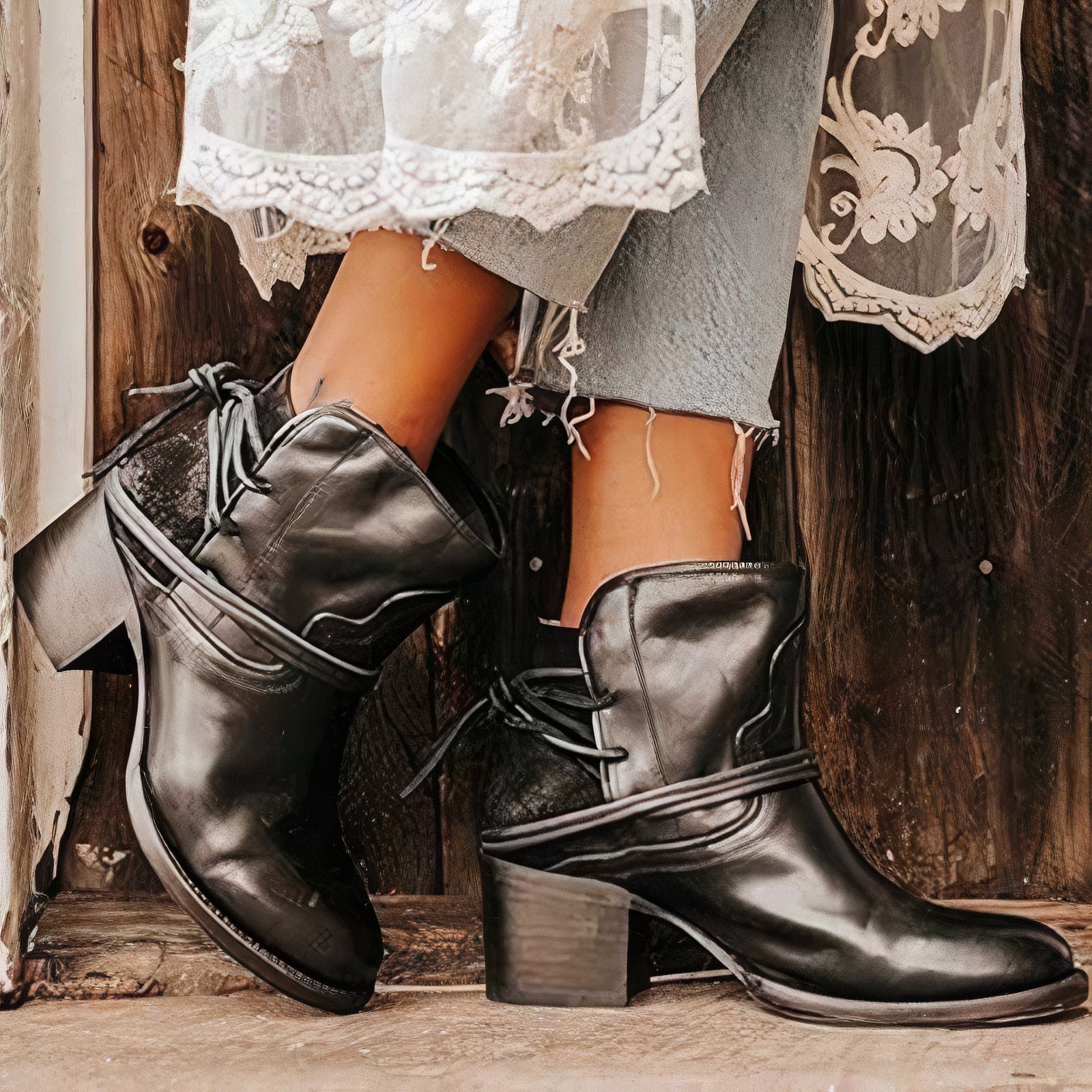 Milana | Ankle Boots – Leather – Western Style – Block Heel – Wrapped Lacing Detail