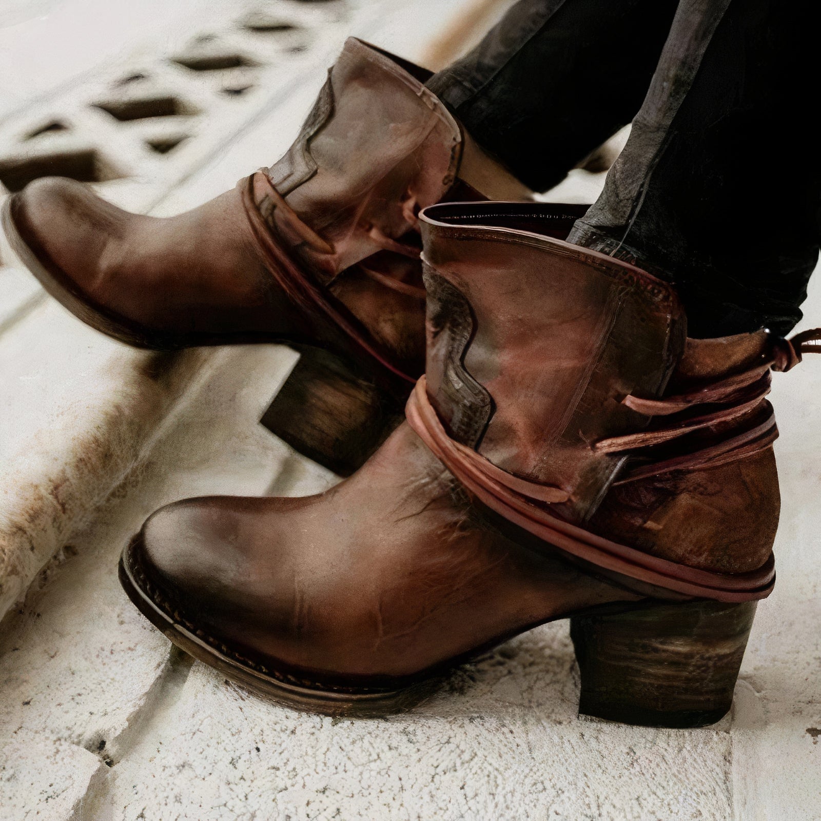 Milana | Ankle Boots – Leather – Western Style – Block Heel – Wrapped Lacing Detail