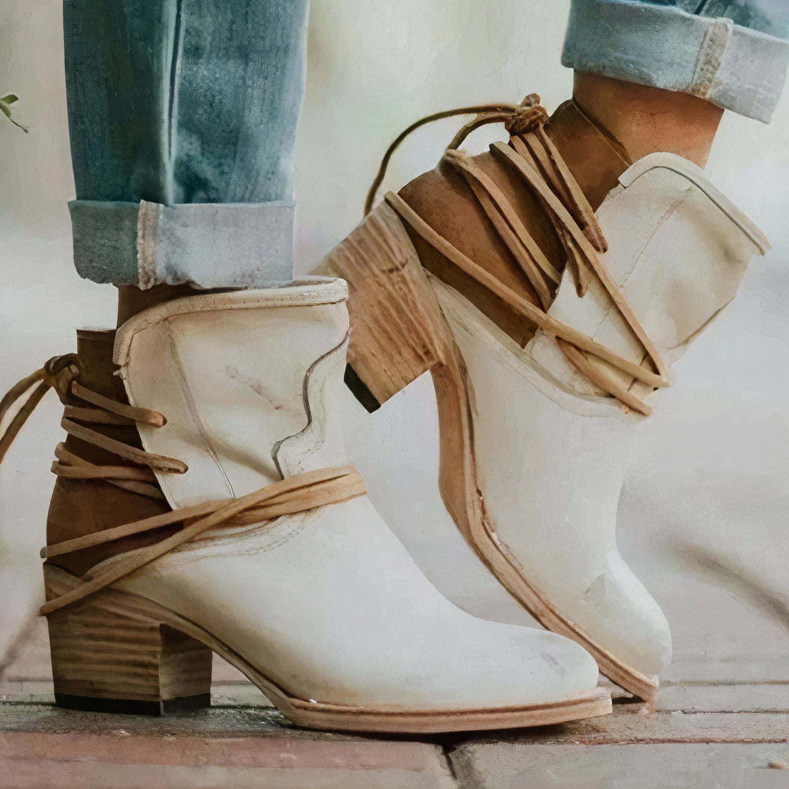 Milana | Ankle Boots – Leather – Western Style – Block Heel – Wrapped Lacing Detail
