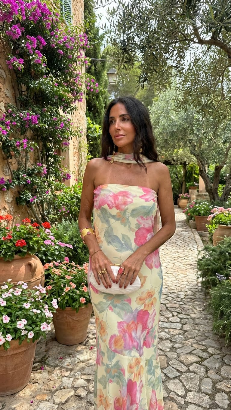 Strapless Floral Watercolor Long Dress