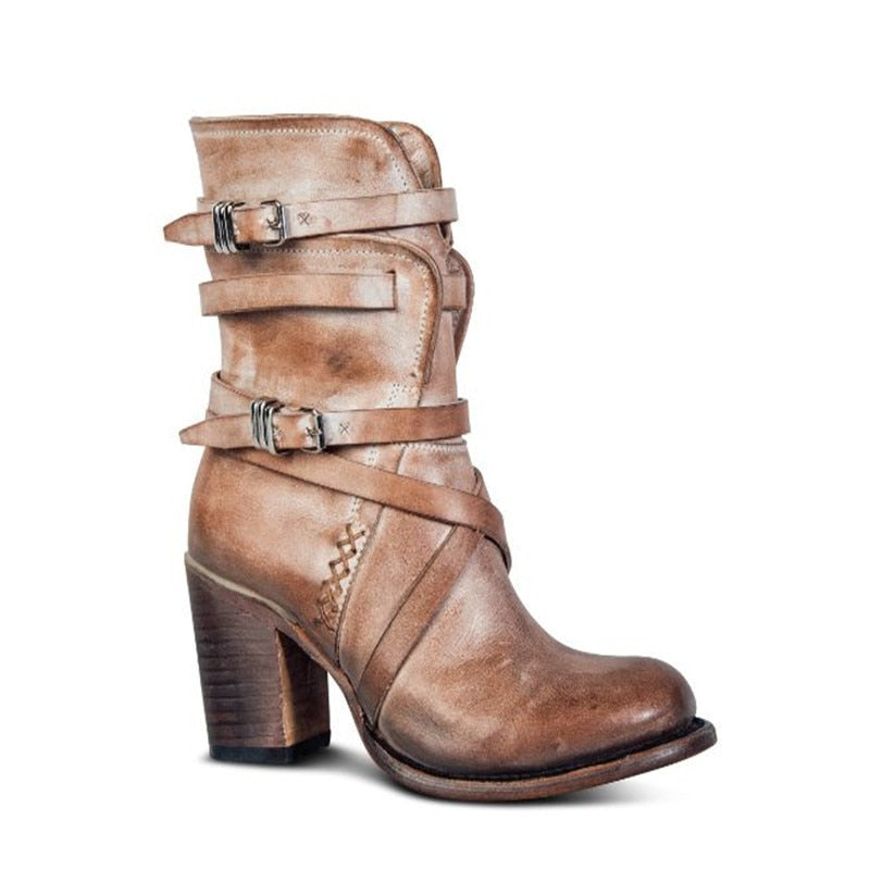 Makenzy | Leather Ankle Boots - Slouchy Distressed Design - Buckle Straps - Block Heel