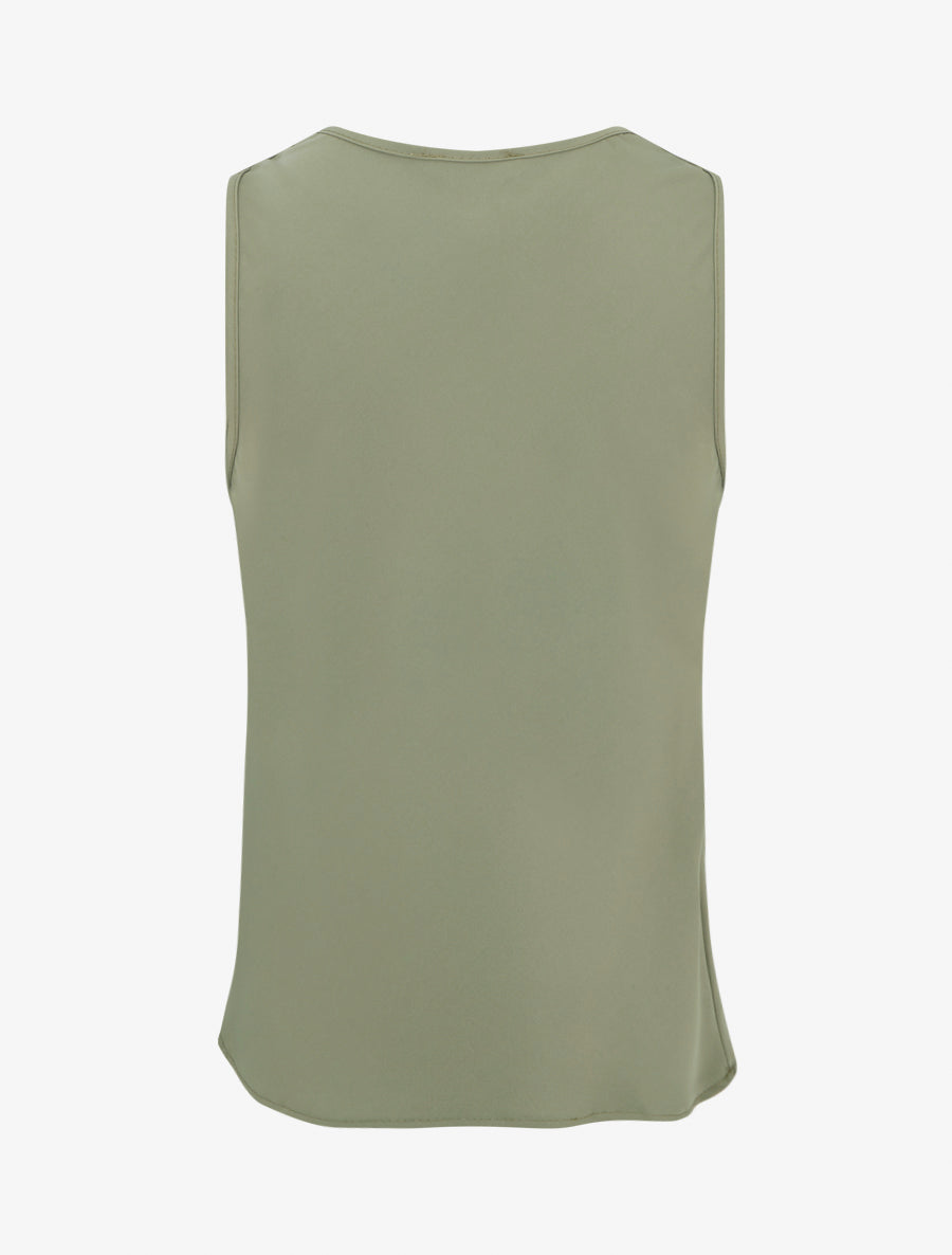 Sleeveless Cowl Neck Top with Lace Trim - Kaki