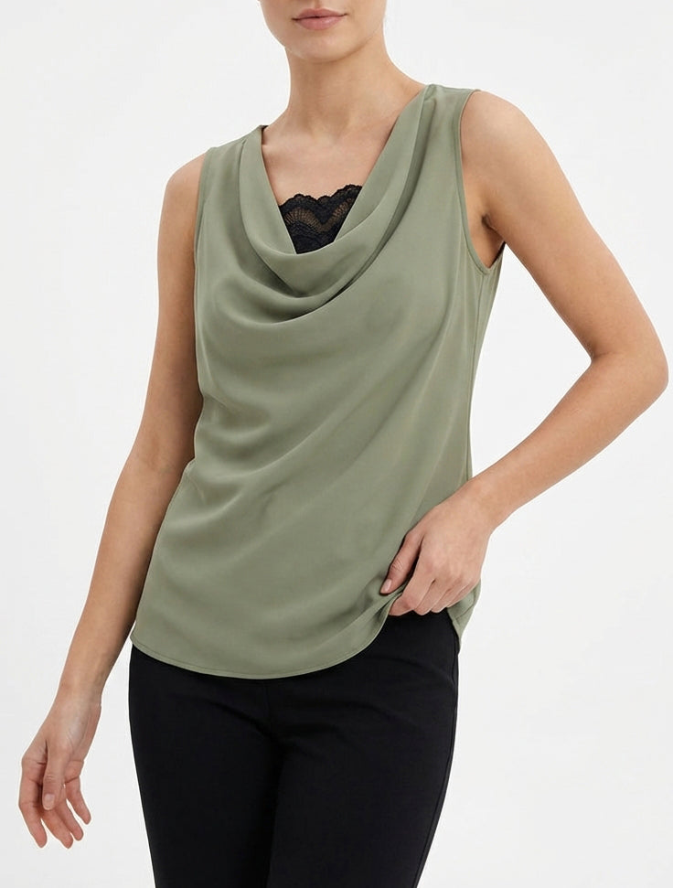 Sleeveless Cowl Neck Top with Lace Trim - Kaki