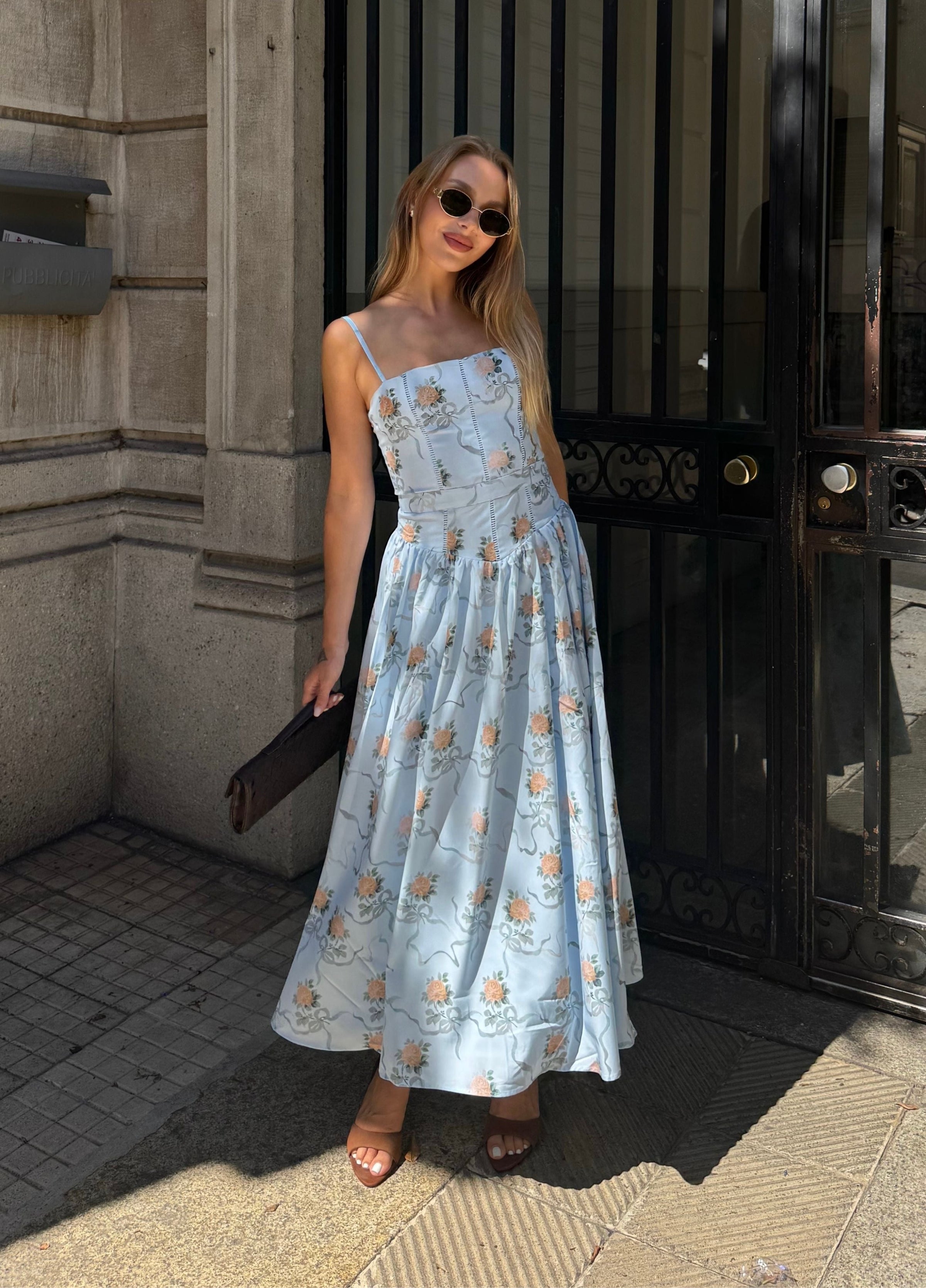 Senna | Bloom Midi Dress – Soft Blue Floral