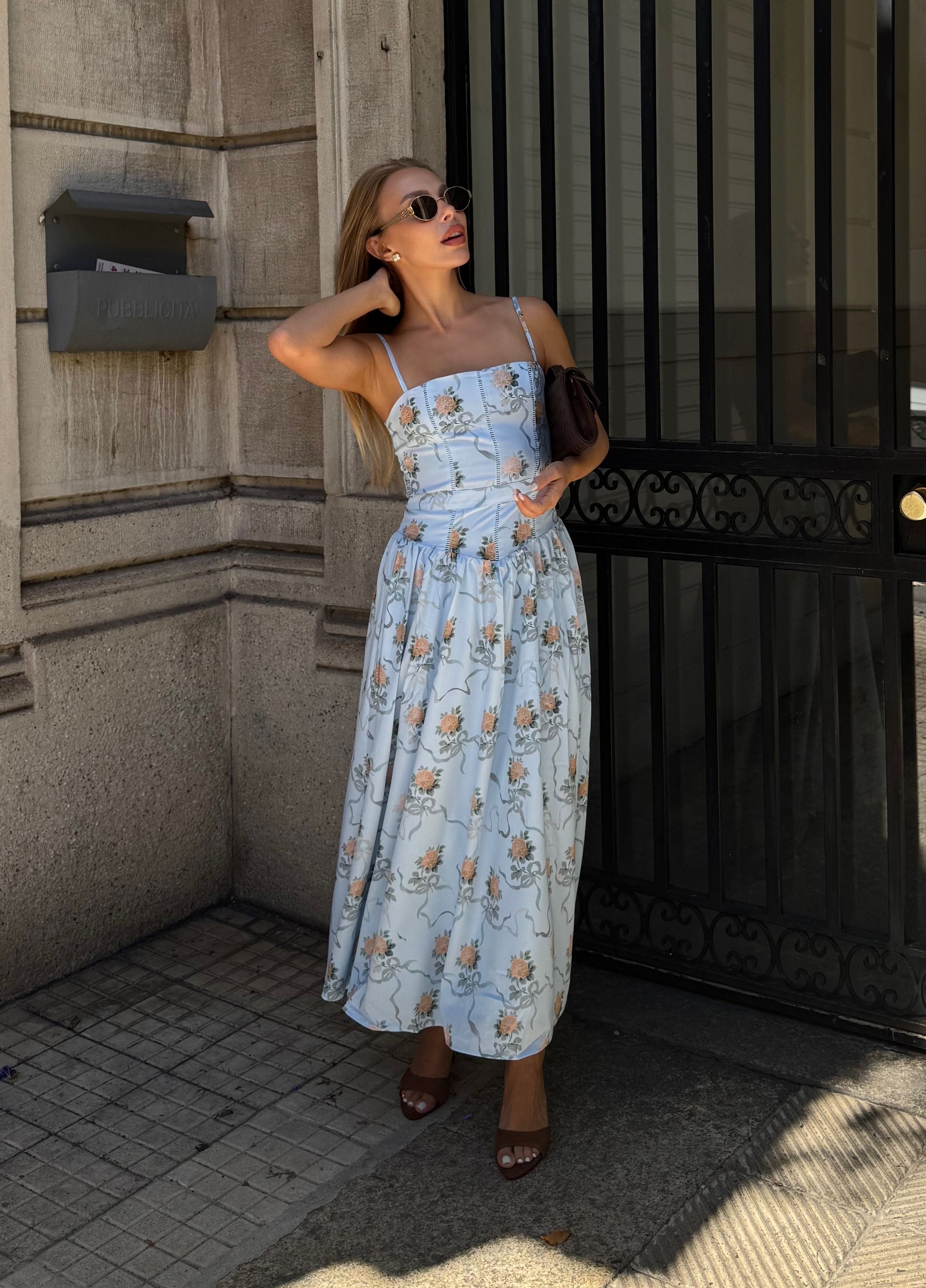 Senna | Bloom Midi Dress – Soft Blue Floral