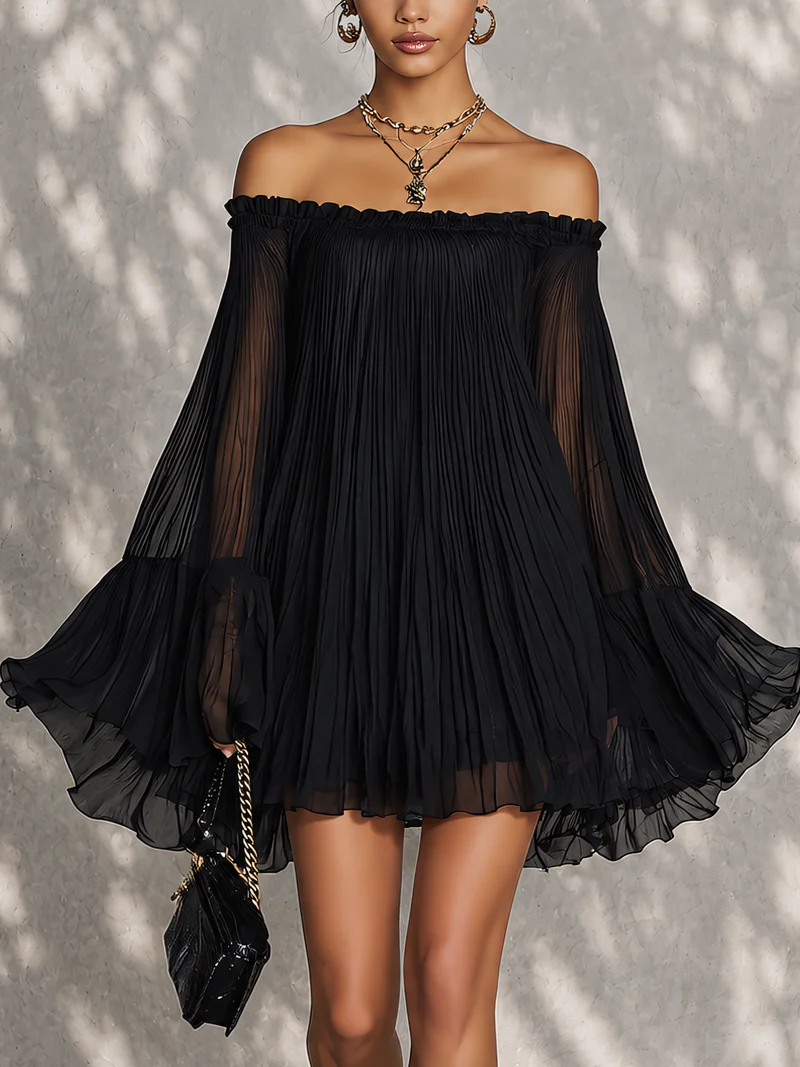 Miriana | Off-Shoulder Pleated Bell-Sleeve Mini Dress