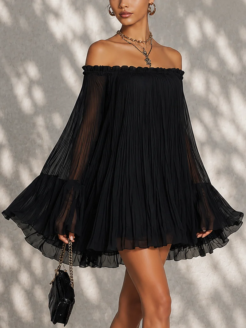 Miriana | Off-Shoulder Pleated Bell-Sleeve Mini Dress