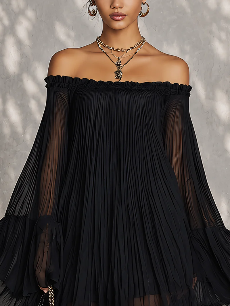 Miriana | Off-Shoulder Pleated Bell-Sleeve Mini Dress