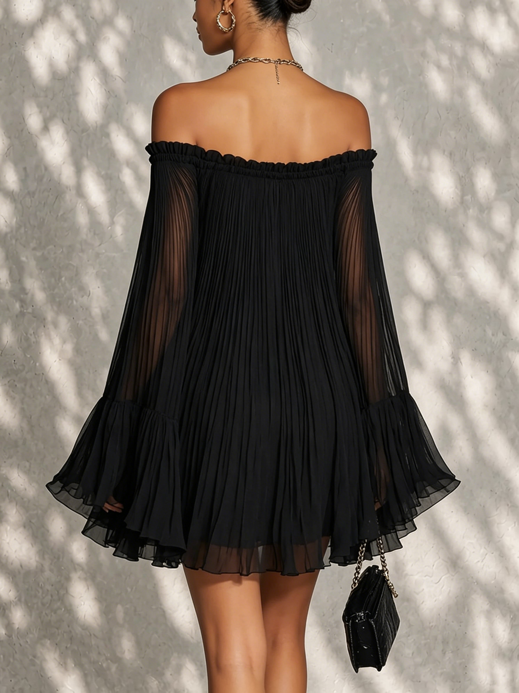 Miriana | Off-Shoulder Pleated Bell-Sleeve Mini Dress