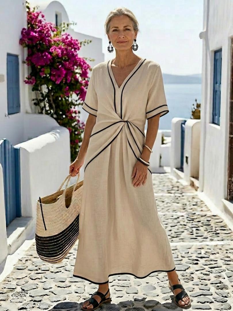 Sam | V Neck Short Sleeve Gathered Waist Midi Dress