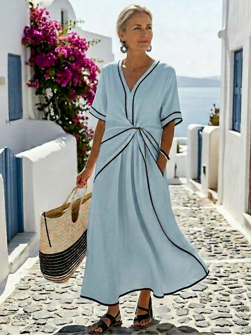 Sam | V Neck Short Sleeve Gathered Waist Midi Dress