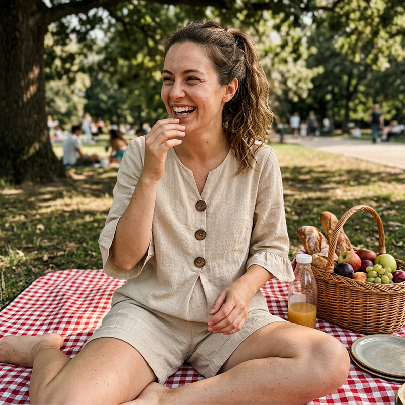 Donna | Set with a V-neck, ruffles on the sleeves, and pockets