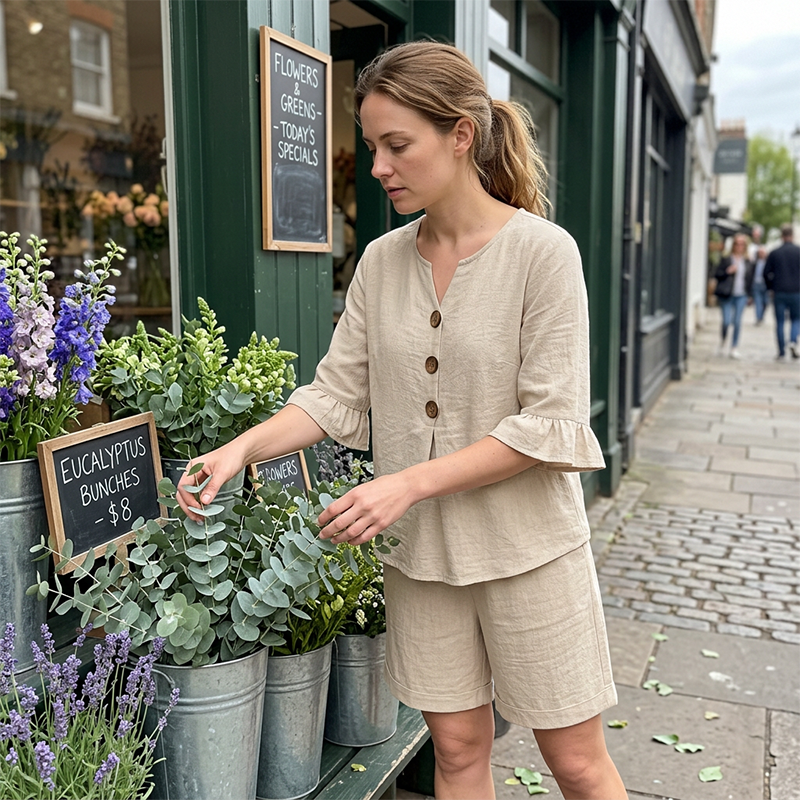Donna | Set with a V-neck, ruffles on the sleeves, and pockets